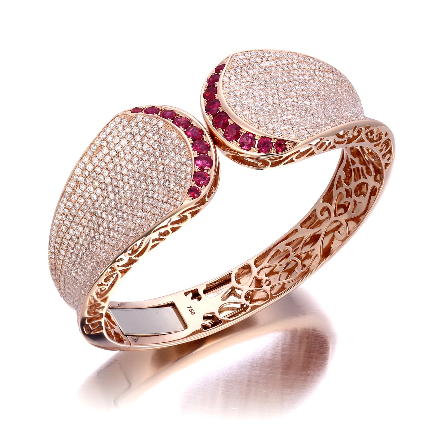 18K Rose Gold Ruby and Diamond Open Twist Bangle