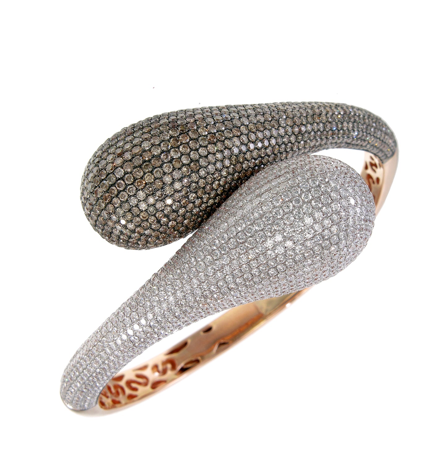 18K Rose Gold Diamond Twist Bangle with White and Brown Diamonds