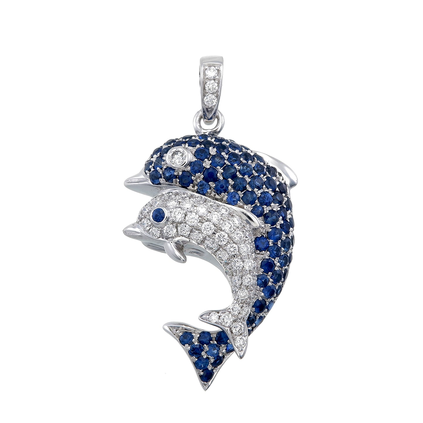 Double Dolphin Pendant in 18K White Gold with Blue Sapphires