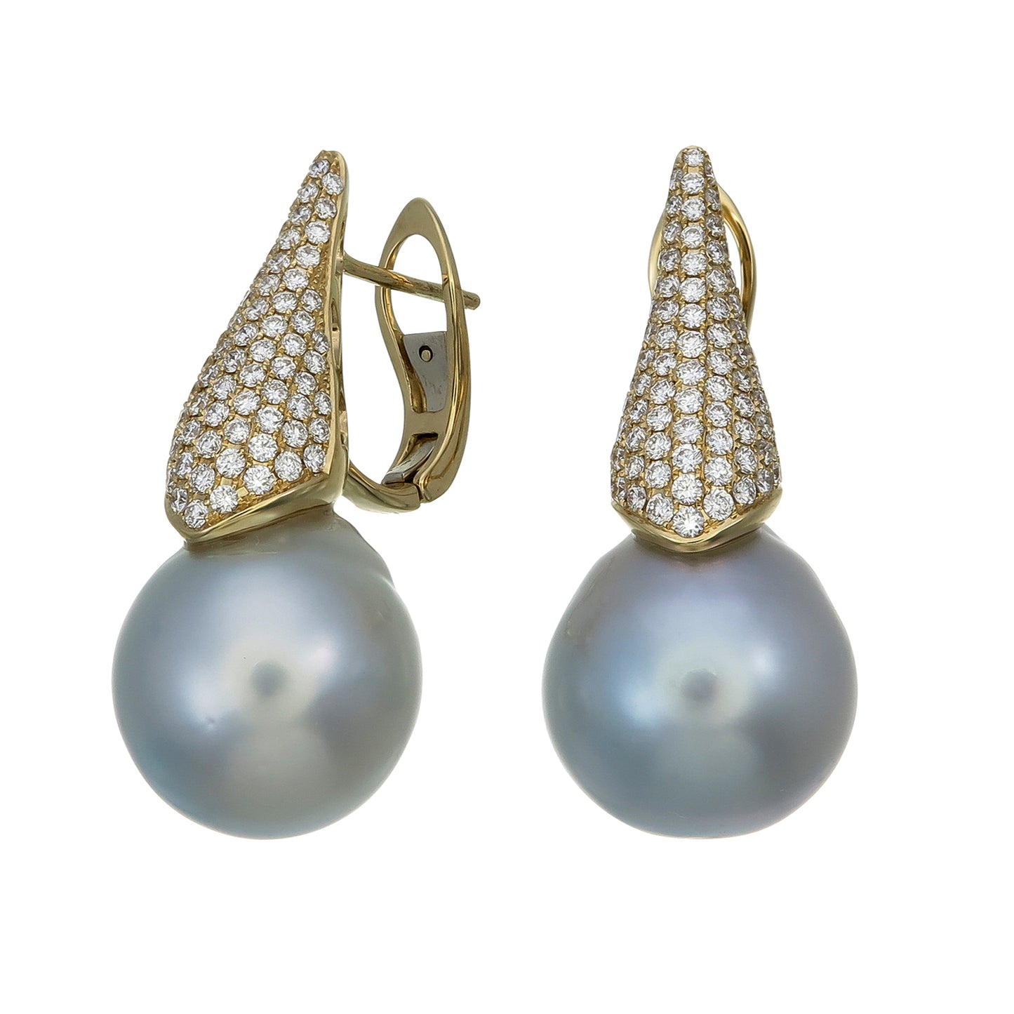 18K Yellow Gold South Sea Pearl and Diamond Pave Earrings