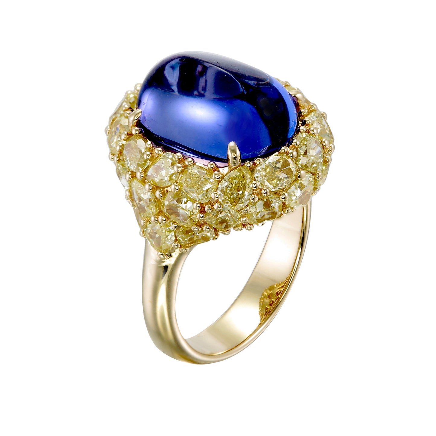 18K Yellow Gold Cabochon Sapphire and Yellow Diamond Halo Ring