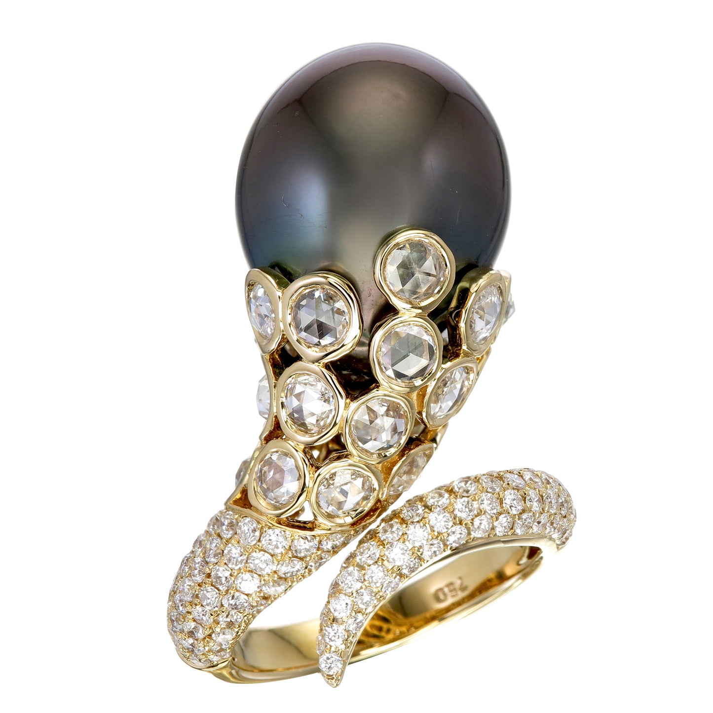 18K Yellow Gold Tahitian Pearl and Rose-Cut Diamond Pavé Ring