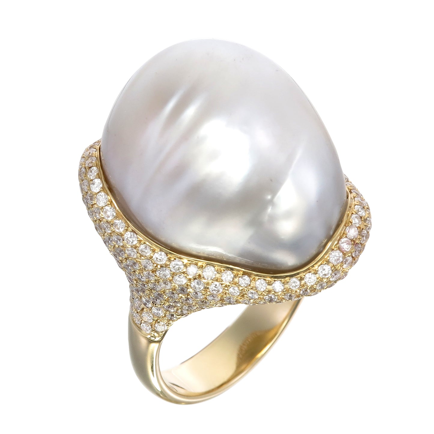 18K Yellow Gold South Sea Baroque Pearl and Diamond Pavé Ring