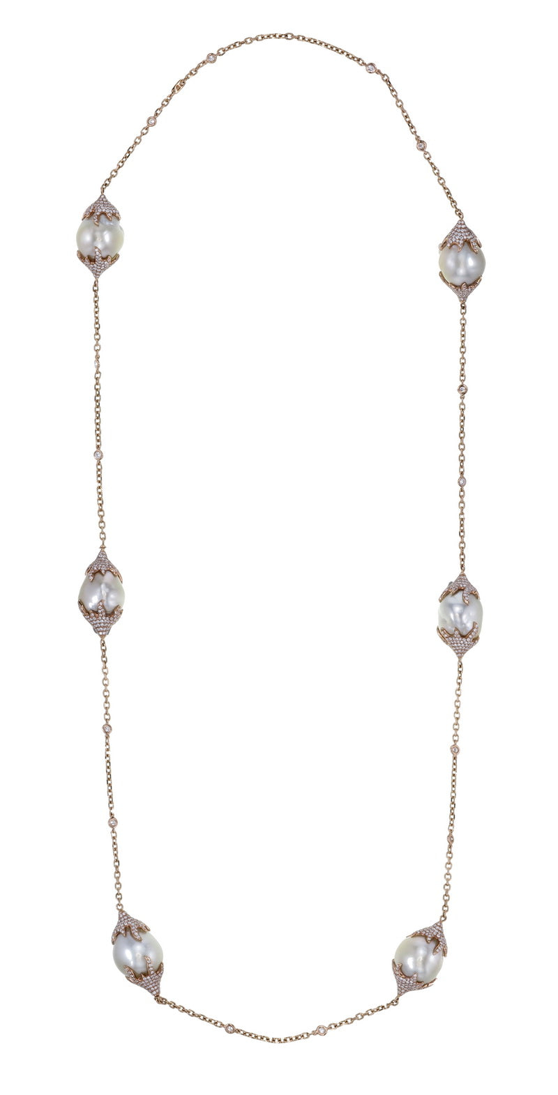 18K Rose Gold Necklace with South Sea Pearls and Diamond Starburst Design