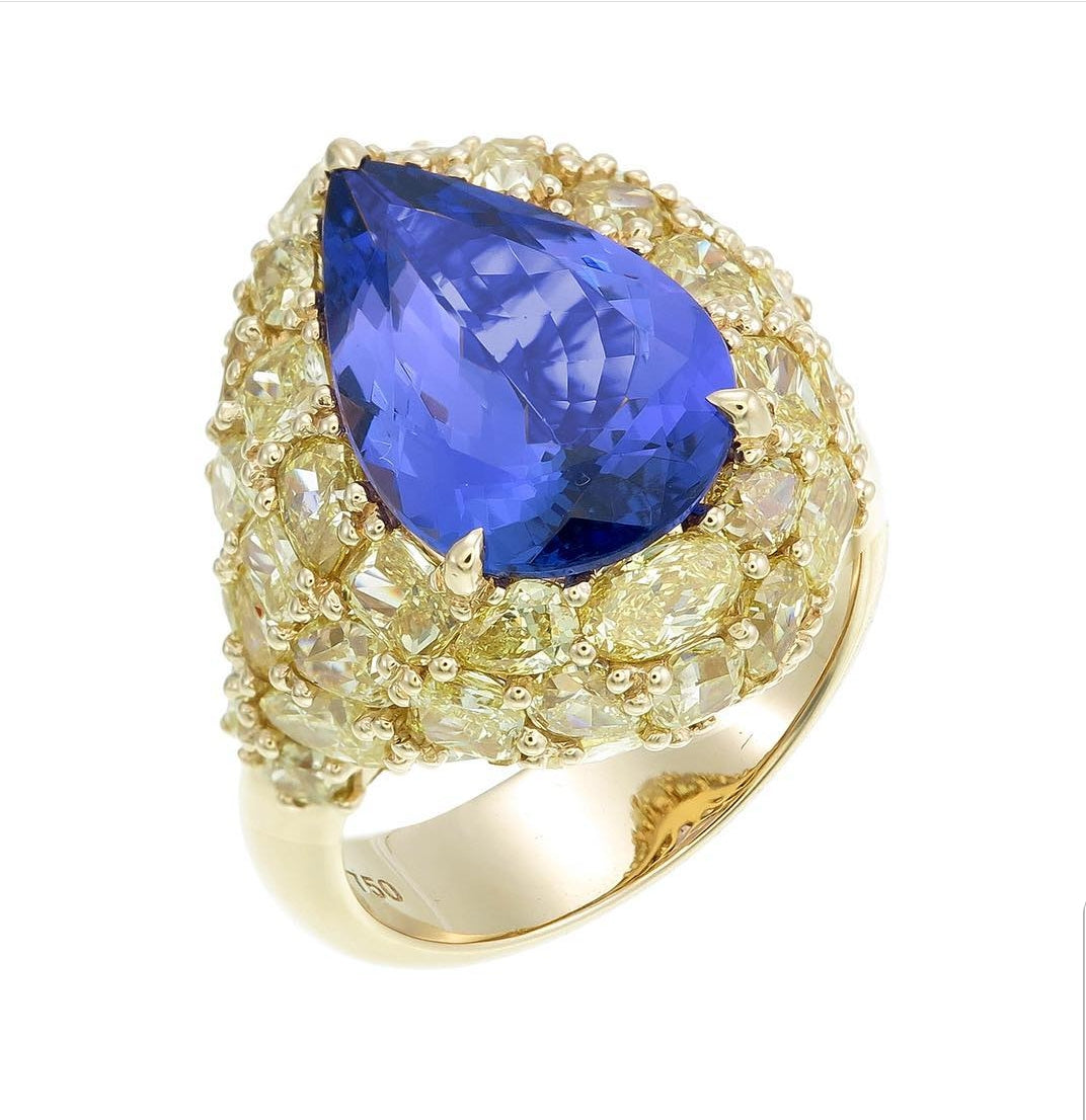 18K Yellow Gold Tanzanite and Diamond Cocktail Ring