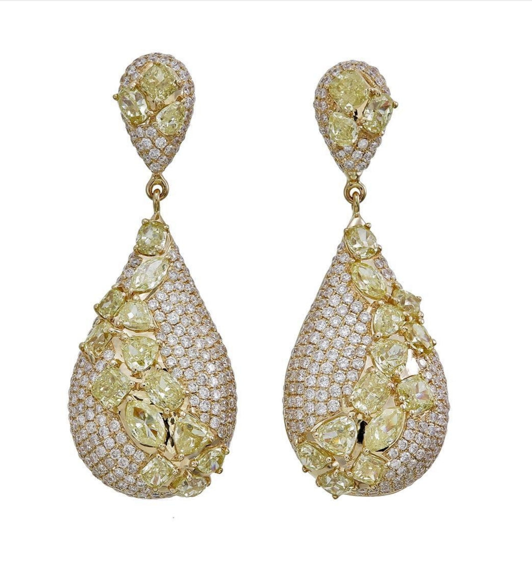 18K Yellow Gold Yellow Diamond and Pavé Diamond Drop Earrings