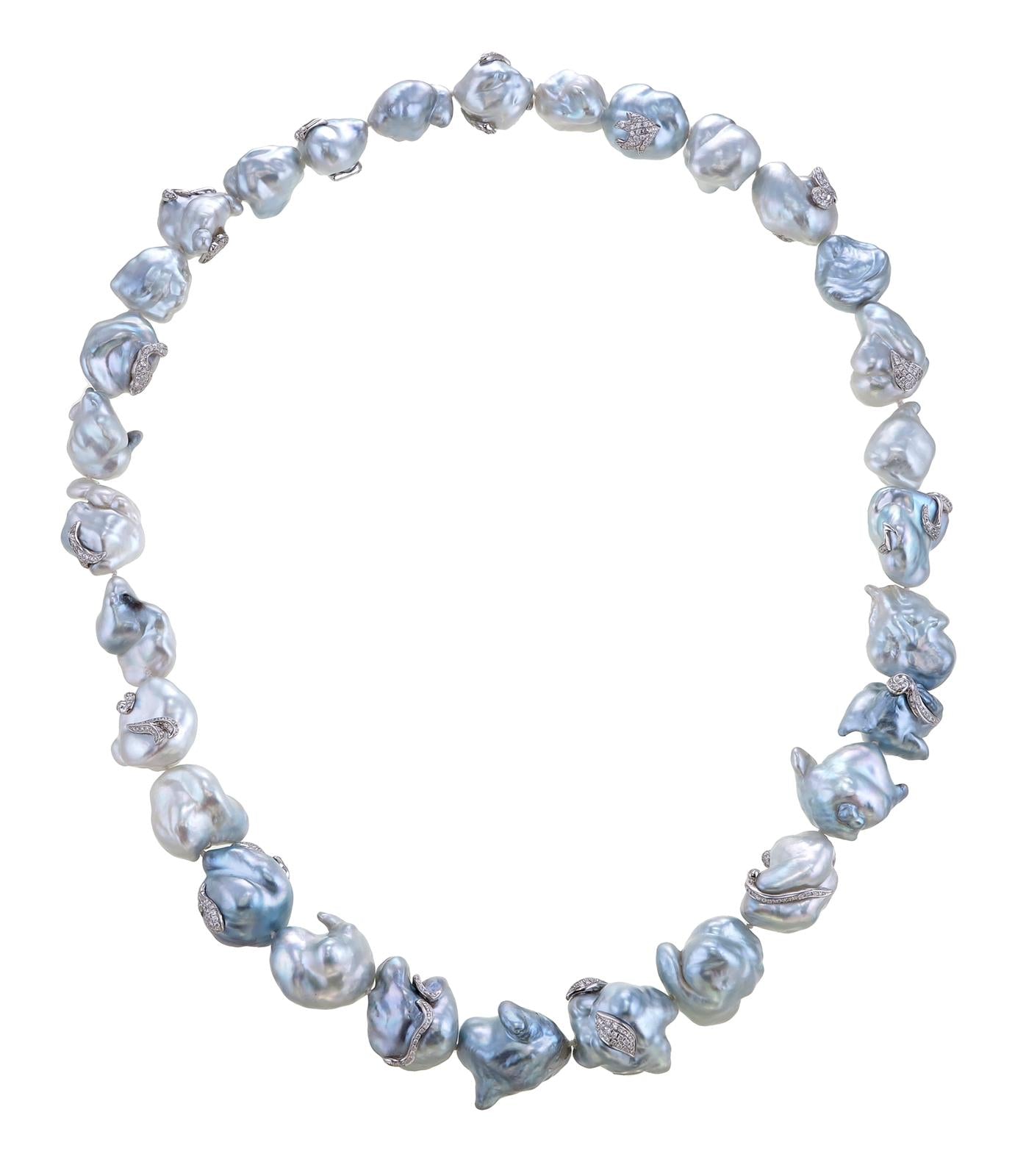 18K White Gold Baroque Pearl Necklace with Diamond Accents