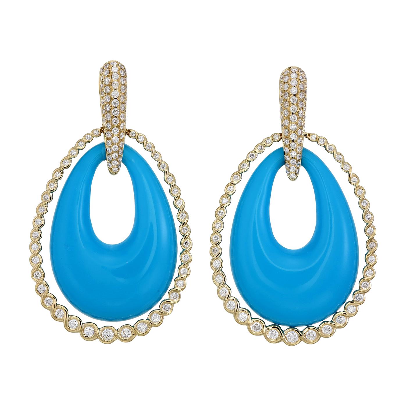 18K Yellow Gold with Blue Synthetic Coral Statement Earrings