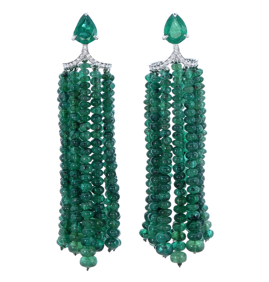 18K White Gold Luxurious Emerald Bead and Diamond Tassel Earrings