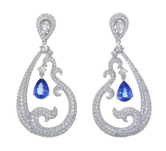 18K White Gold Tanzanite and Diamond Ornate Drop Earrings