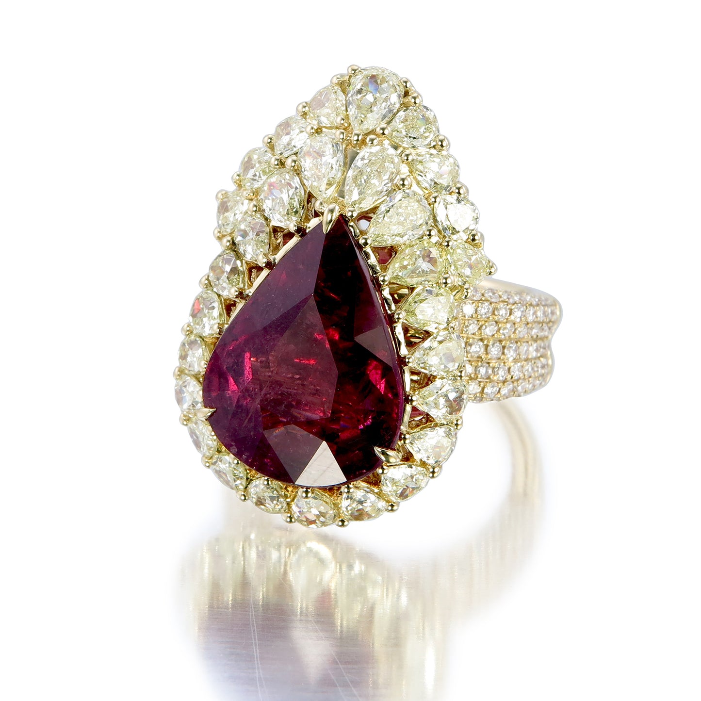 18K Yellow Gold Pear-Cut Rubellite and Diamond Halo Cocktail Ring
