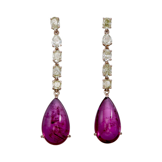 18K Gold Fancy Yellow Diamond and Rubellite Drop Earrings