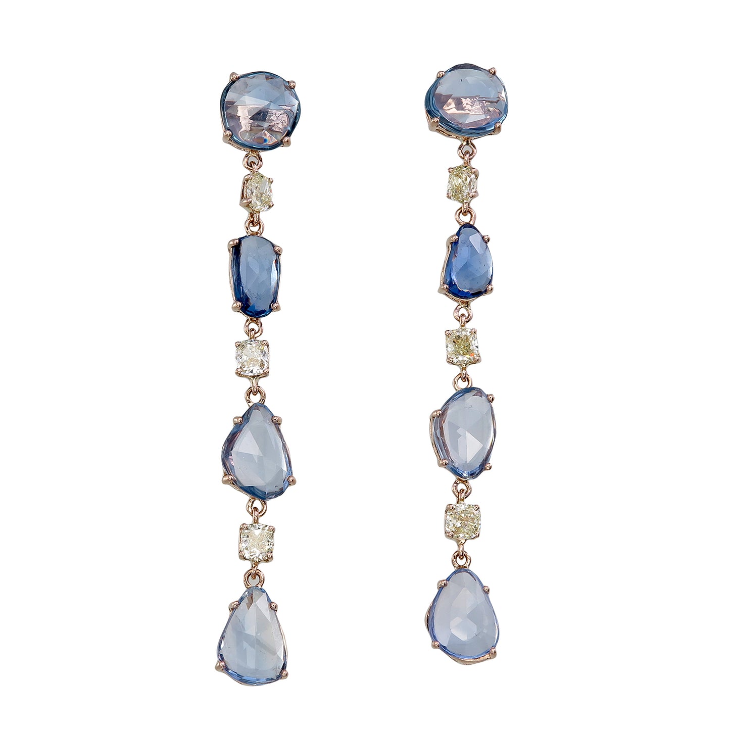 18K Rose Gold Blue Sapphire and Diamond Dangle Earrings