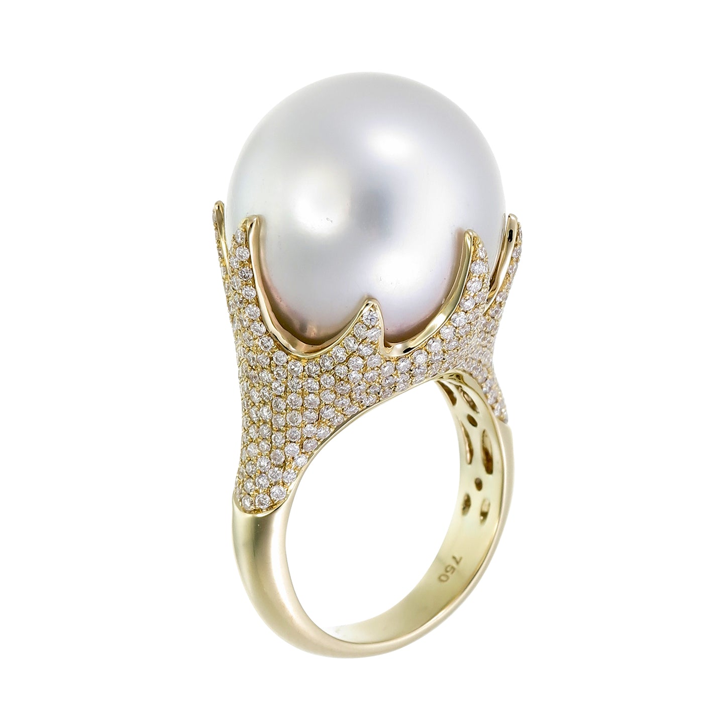 18K Yellow Gold South Sea Pearl and Diamond Pave Crown Ring