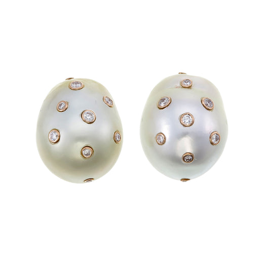 18K Gold South Sea Pearl and Diamond Stud Earrings