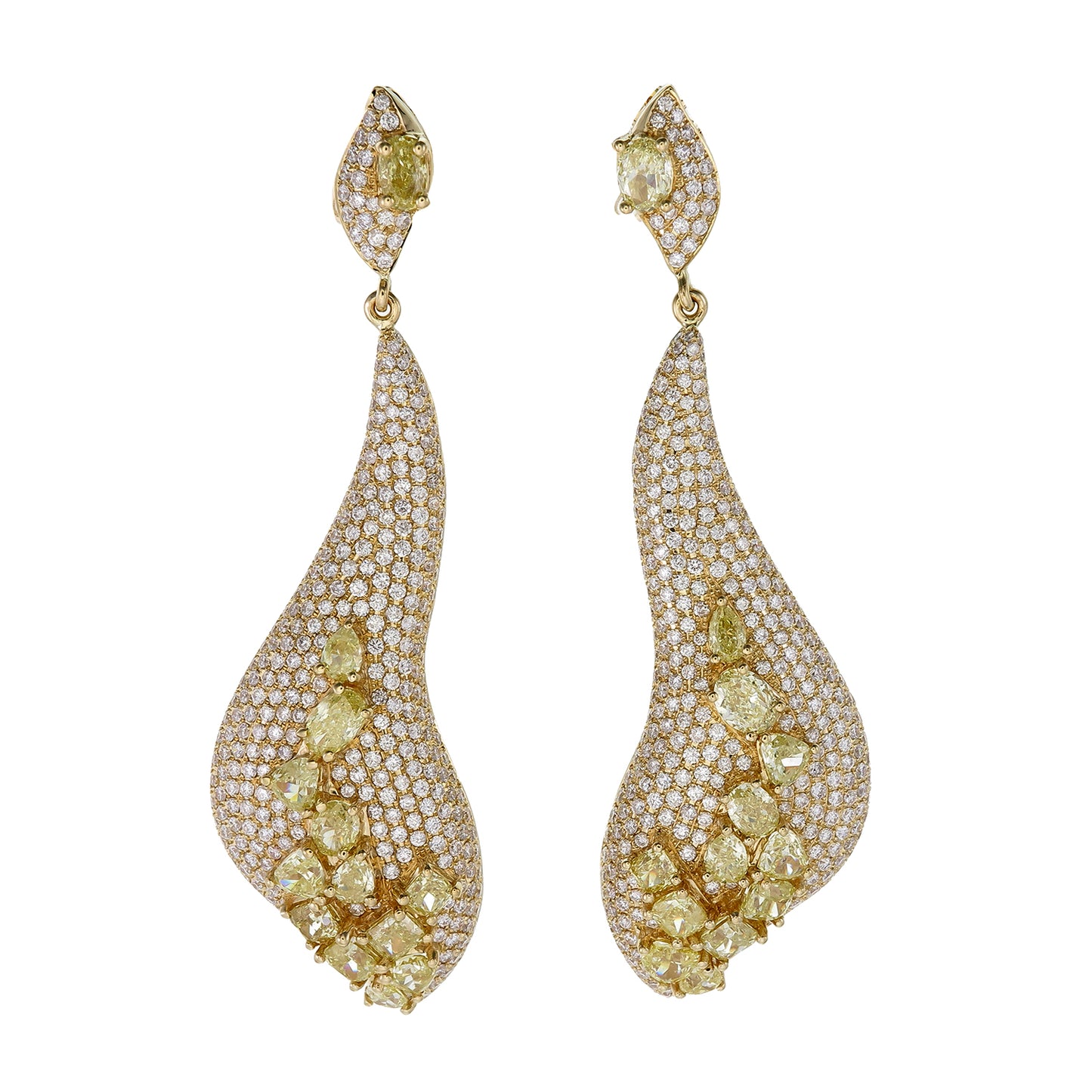 18K Yellow Gold Yellow Diamond and Pavé Diamond Wave Drop Earrings