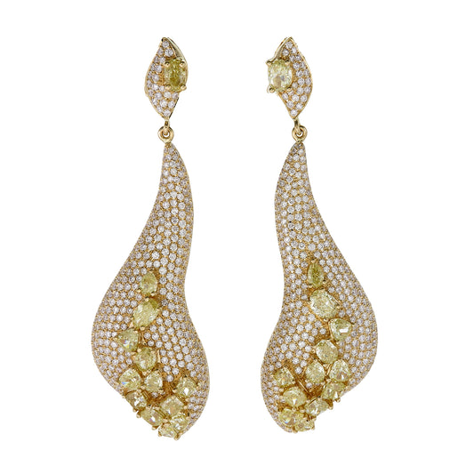 18K Yellow Gold Yellow Diamond and Pavé Diamond Wave Drop Earrings