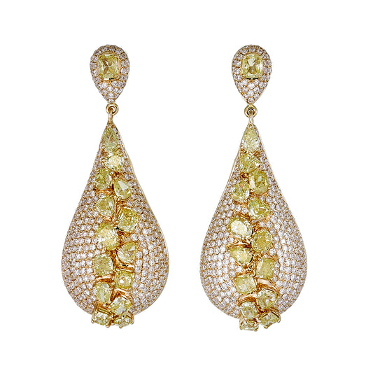 18K Yellow Gold Teardrop Yellow and Pavé Diamond Drop Earrings