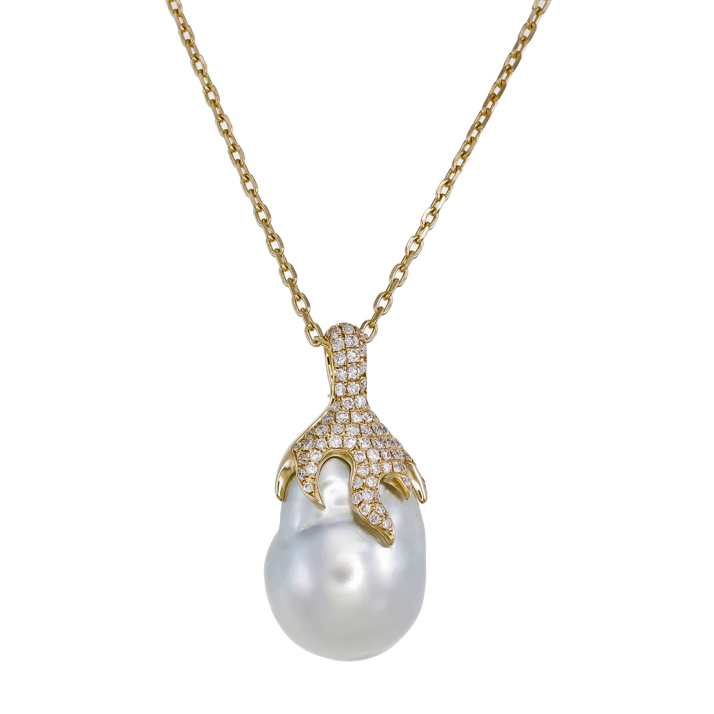 18K Gold Baroque Pearl and Diamond Pendant Necklace