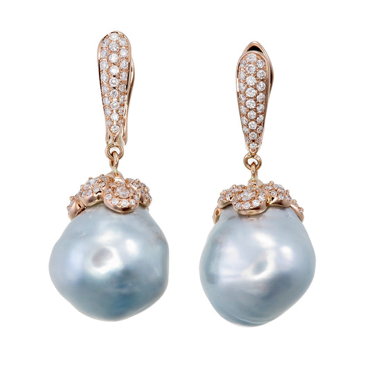 18K Rose Gold Baroque Pearl and Diamond Drop Earrings