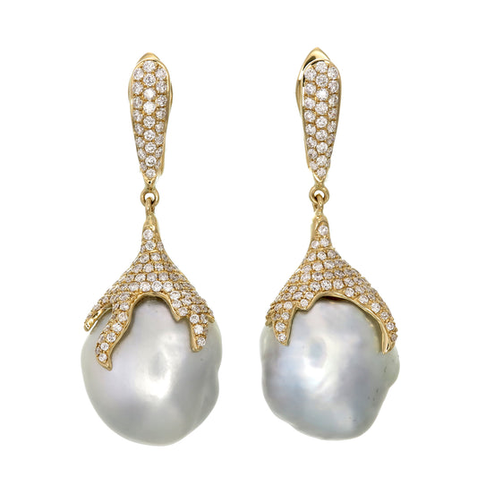 18K Yellow Gold Baroque Pearl and Diamond Drop Earrings