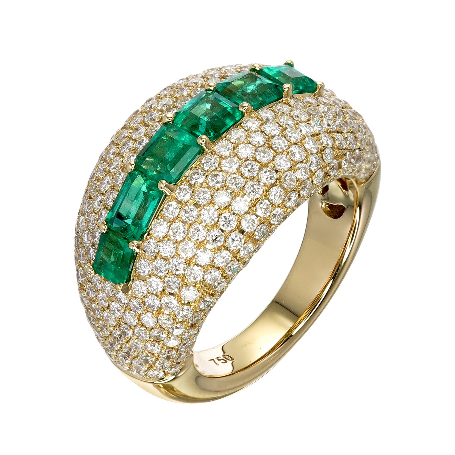 18K Yellow Gold Emerald and Diamond PavÃ© Dome Ring