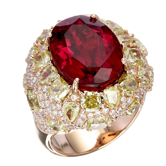 18K Rose Gold Ruby and Fancy Diamond Cocktail Ring