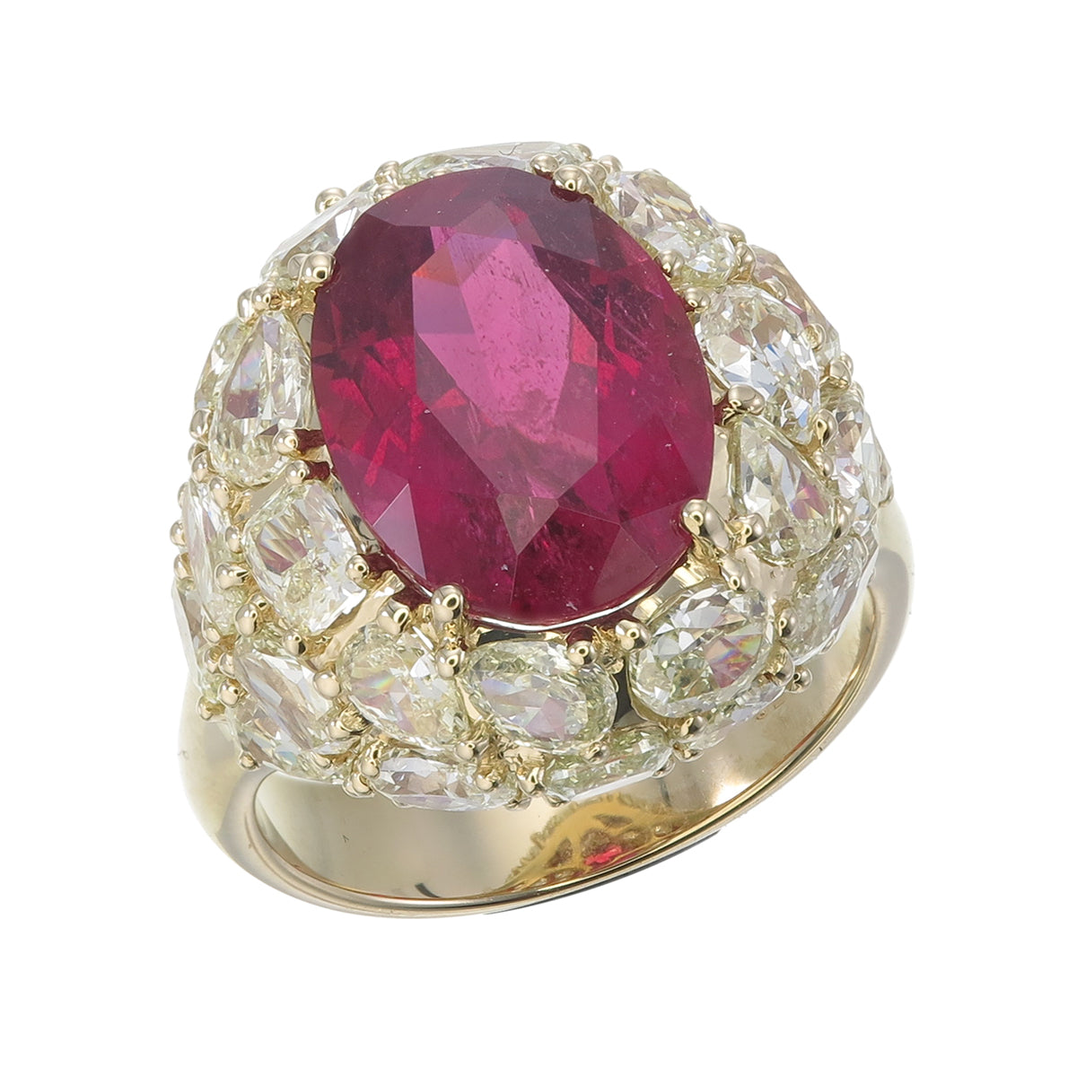 18K Yellow Gold Cocktail Ring with Oval Ruby and Rose-Cut Diamond