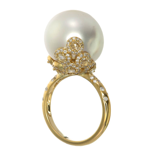 18K Yellow Gold Pearl and Diamond Cluster Ring