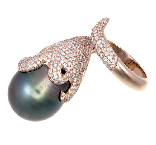 18K Rose Gold Black Tahitian Pearl and Diamond PavÃ© Ring