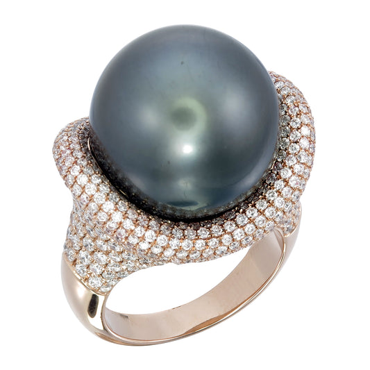 18K Rose Gold Tahitian Pearl Ring with Diamond Halo