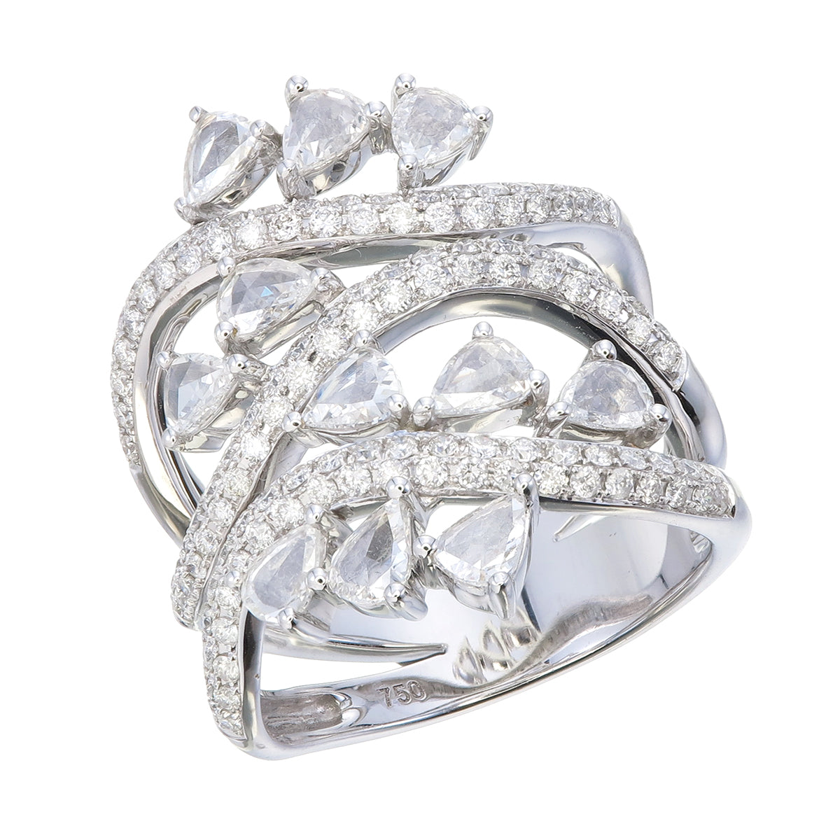 18K White Gold Multi-Band Ring with Pear-Shaped and Pavé-Set Diamonds