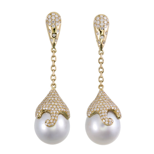 18K Yellow Gold Diamond and South Sea Pearl Drop Earrings