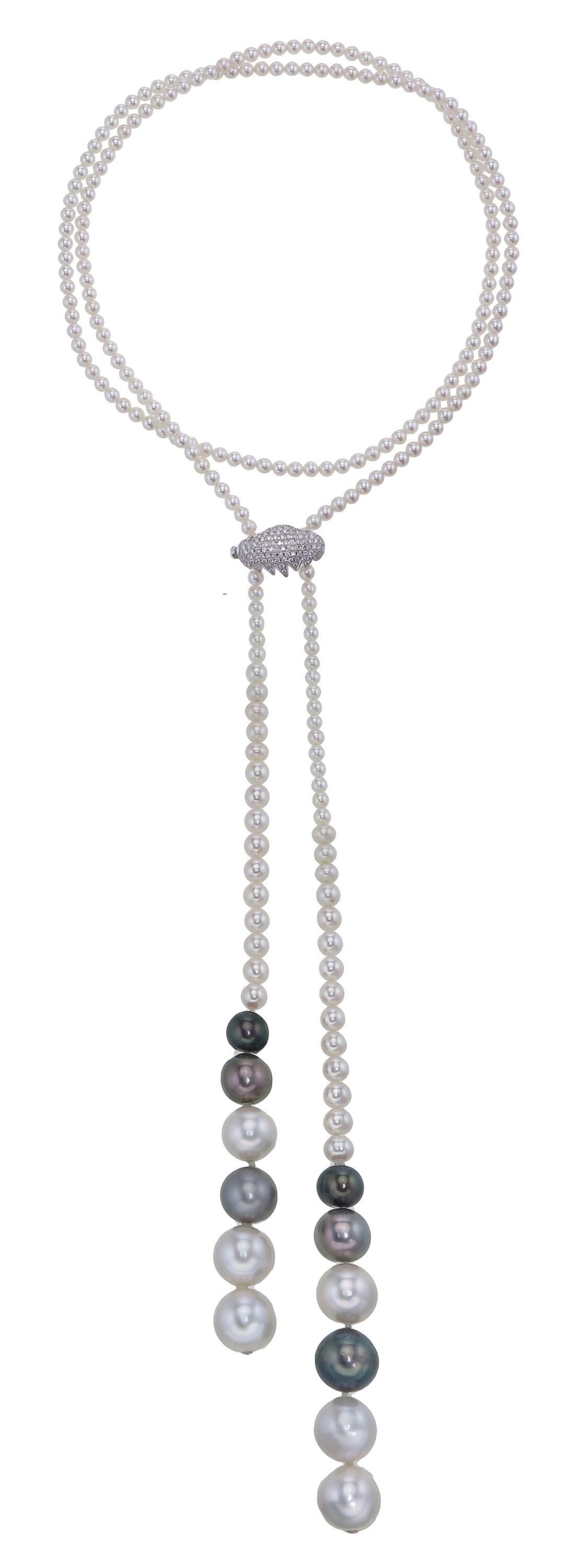 18K Lariat Pearl Necklace with Pavé Diamond Accent