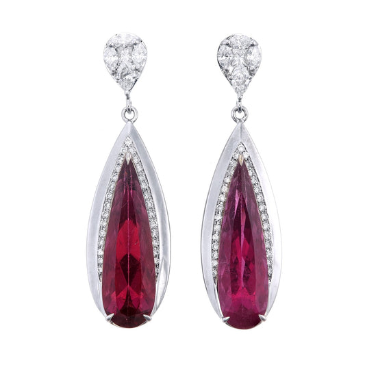 18K White Gold Elegant Rubellite and Diamond Drop Earrings