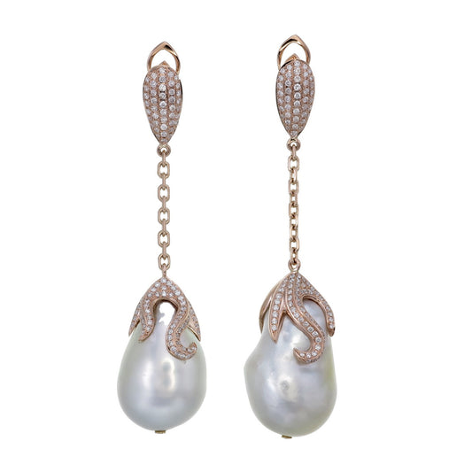 18K Rose Gold Drop Earrings with South Sea Pearls and Starburst Design