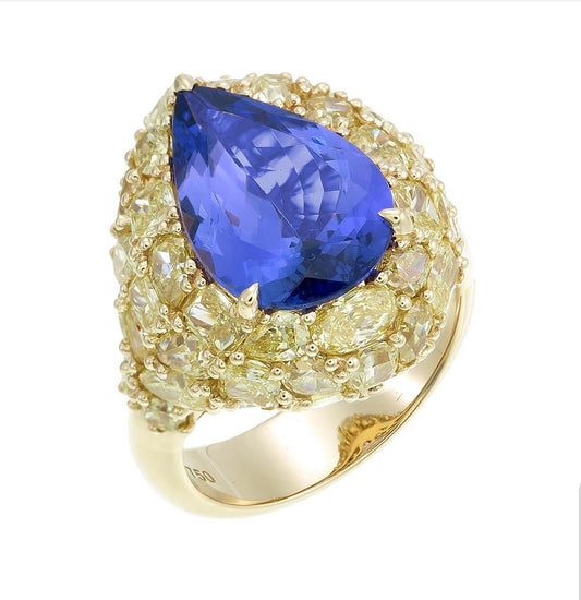 18K Yellow Gold Tanzanite and Diamond Cocktail Ring