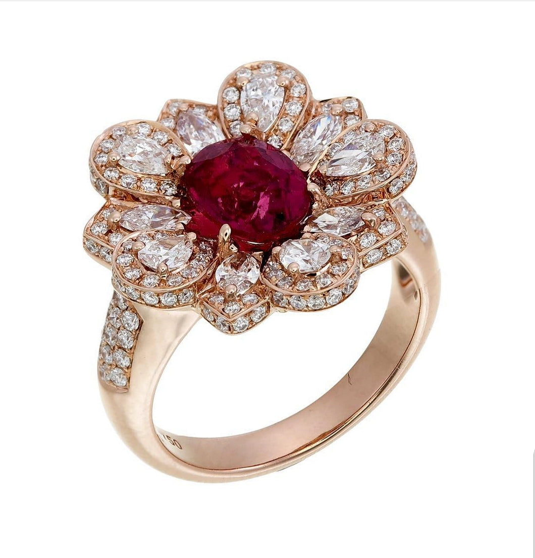18K Rose Gold Floral Ring with Ruby and Diamond Petals