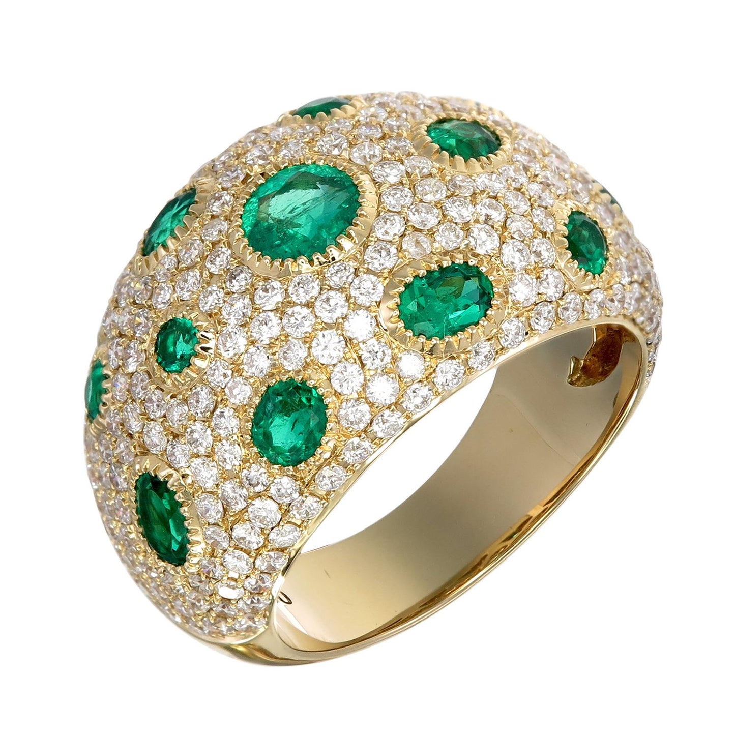 18K Yellow Gold Diamond and Emerald PavÃ© Dome Ring
