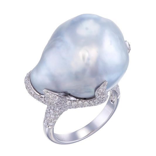 18K White Gold Baroque Pearl Statement Ring with Diamond Accents