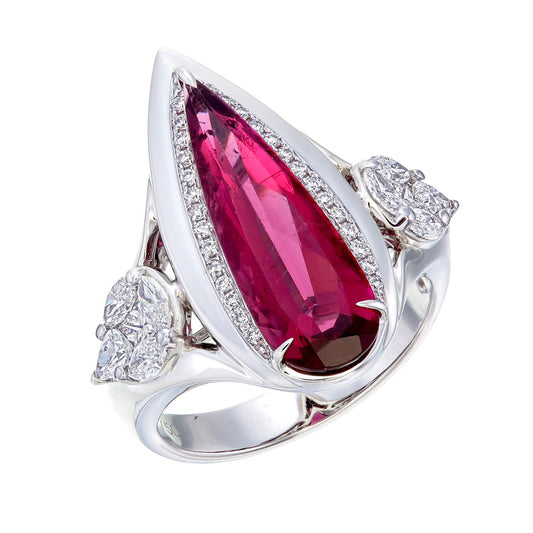 18K White Gold Pear-Cut Rubellite and Diamond Statement Ring