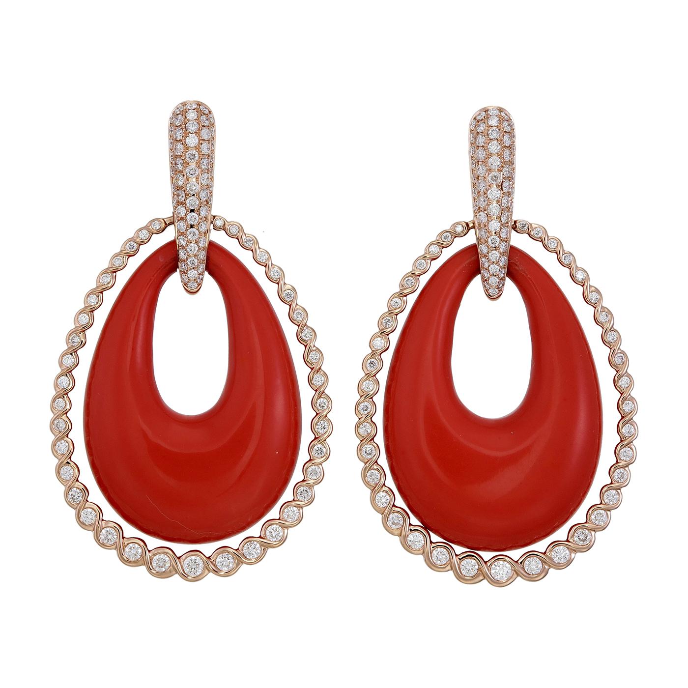 18K Rose Gold with Red Synthetic Coral Statement Earrings