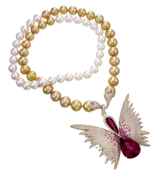 Golden and White Pearl Necklace with Butterfly Rubellite Pendant